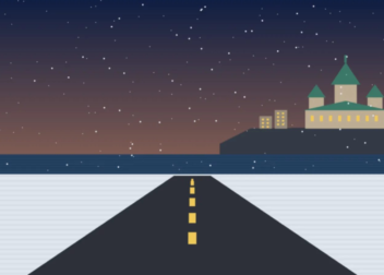 Winter highway along the St. Lawrence River in Quebec at dusk