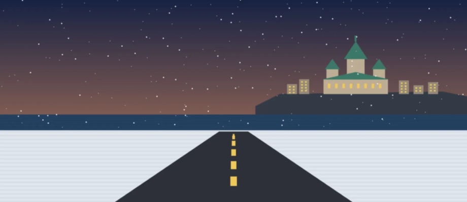 Winter highway along the St. Lawrence River in Quebec at dusk